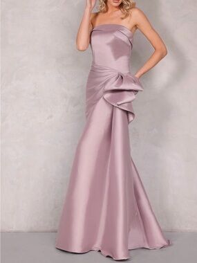 Elegant Mauve Satin Evening Gown with Rosette Detail